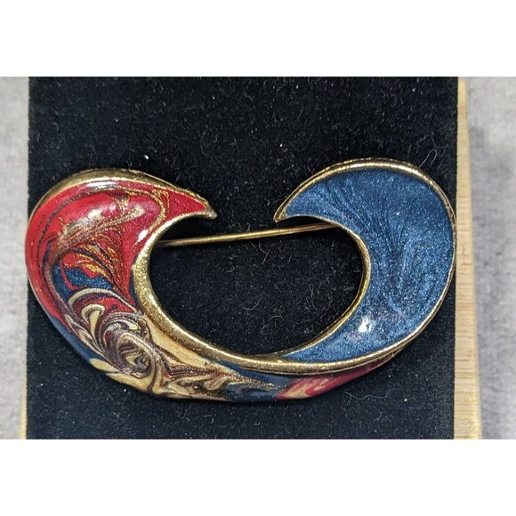 Vintage Red Blue And Gold Tone Enamel Swirl Brooch - Picture 3 of 4